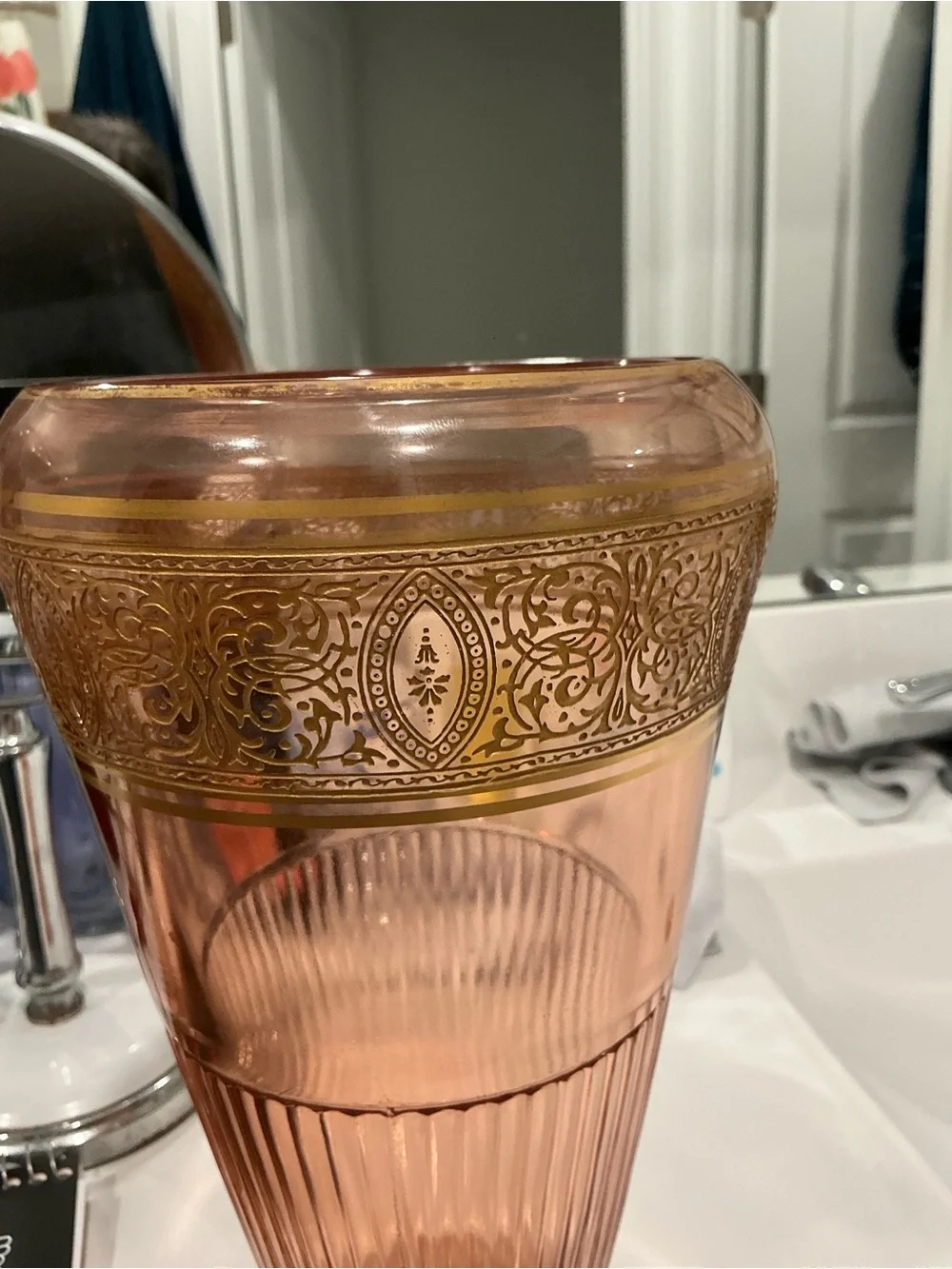 Tiffin Pink Depression Glass Footed Vase, Gold-Encrusted Etch, 9